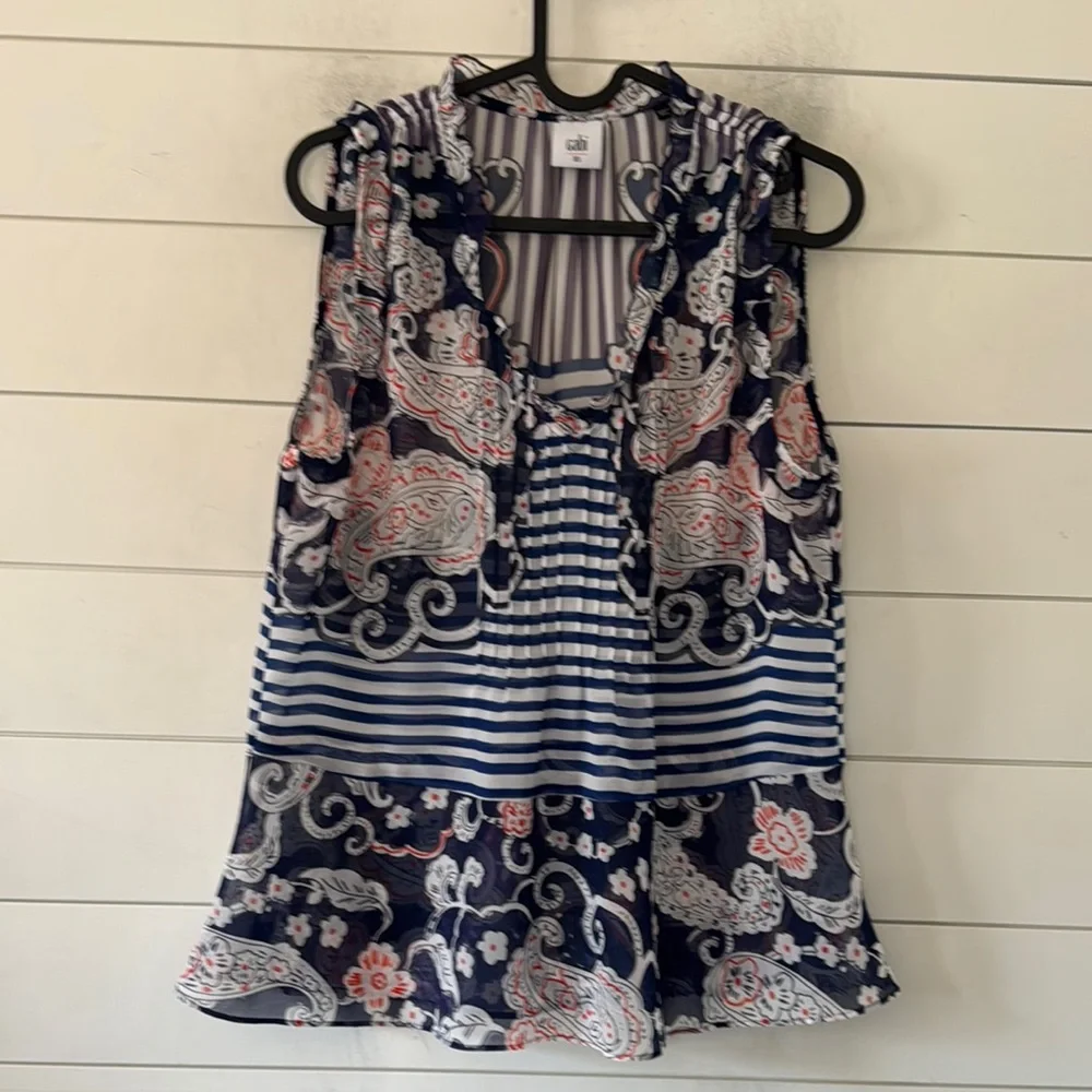 Cabi XS (generous) Floral Paisley Striped Peplum Sheer Ruffled Trim V-Neck Top - Picture 1 of 12